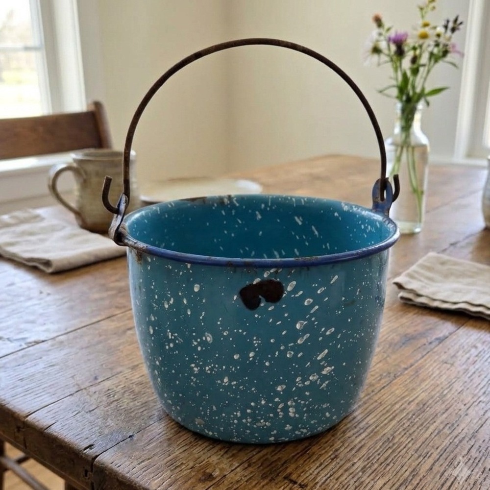 Vintage Blue Graniteware Berry Bucket Enamelware Speckled Primitive Farmhouse